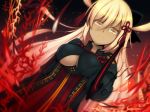  black_bow bow breasts dark_background dark_skin dutch_angle fate/grand_order fate_(series) fire flower_knot frown gold_trim hair_between_eyes hair_bow hair_ribbon highres holding holding_weapon long_hair looking_at_viewer okita_souji_(alter)_(fate) okita_souji_(fate)_(all) platinum_blonde_hair red red_ribbon ribbon solo tassel tsuyuri_(5/7) underboob underboob_cutout very_long_hair watermark weapon yellow_eyes 