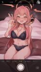  1girl :d absurdres aru_(blue_archive) bed bed_sheet black_bra black_panties blue_archive blush bra breasts censored demon_horns halo highres horns identity_censor large_breasts long_hair looking_at_viewer momonosuke_(u-ma991028) navel on_bed open_mouth panties pink_hair recording sitting smile solo underwear underwear_only v very_long_hair yellow_eyes 