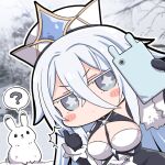  1girl ? azur_lane black_gloves blue_eyes blush breasts cellphone chibi colored_eyelashes gloves holding holding_phone large_breasts long_bangs nejikirio official_art phone rabbit smartphone snow solo sovetsky_soyuz_(azur_lane) speech_bubble star-shaped_pupils star_(symbol) symbol-shaped_pupils white_hair white_headwear white_rabbit_(animal) 