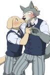 5_fingers anthro beastars bird_dog black_necktie blue_body blue_clothing blue_fur blue_topwear blue_vest blush blush_lines bodily_fluids bottomwear brown_eyes brown_nose canid canine canis cel_shading censor_bar censored clothed clothing digital_media_(artwork) domestic_dog dress_shirt duo eye_contact fingers floppy_ears front_view fur golden_retriever hand_on_head hi_res hunting_dog interspecies jack_(beastars) kemono kiss_on_lips kissing larger_male legoshi_(beastars) looking_at_another looking_at_partner male male/male male_kissing_male mammal matching_clothing necktie necktie_grab pants pattern_bottomwear pattern_clothing pattern_pants raised_arm raised_tail retriever romantic romantic_couple school_uniform shaded shinki_k shirt shy simple_background size_difference standing striped_bottomwear striped_clothing striped_pants stripes tail topwear uniform vest white_background white_clothing white_shirt white_topwear wide_eyed wolf yellow_body yellow_fur