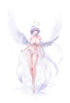  1girl absurdres ahoge angel bare_shoulders bikini breasts cleavage detached_sleeves dora_(garyeong) earrings feathered_wings flower full_body hair_between_eyes hair_flower hair_intakes hair_ornament halo high_heels highres holding holding_towel jewelry large_breasts legs_together long_hair looking_at_viewer low_ponytail navel open_mouth original purple_eyes red_lips sandals short_sleeves sidelocks simple_background solo stomach swimsuit teeth thick_thighs thigh_gap thighs towel very_long_hair white_background white_bikini white_footwear white_hair white_sleeves white_towel white_wings wings 