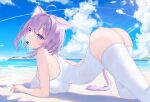  1girl absurdres ahoge all_fours alternate_costume animal_ear_fluff animal_ears arched_back ass blue_hair blue_sky blush breast_press breasts cat_ears cat_girl cat_tail cloud colored_inner_hair commentary_request covered_navel fang highres hololive large_breasts looking_at_viewer medium_hair mouth_hold multicolored_hair nekomata_okayu one-piece_swimsuit onigirya_(nekomata_okayu) outdoors purple_eyes purple_hair red_o7 skin_fang sky smile swimsuit tail thighhighs virtual_youtuber water white_one-piece_swimsuit white_thighhighs 