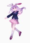  1girl animal_ears blazer chicachang finger_gun full_body highres jacket long_hair necktie purple_eyes purple_hair rabbit_ears red_eyes red_footwear red_necktie reisen_udongein_inaba solo touhou white_background 