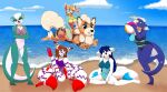 absurd_res anthro arcanine ball beach_ball canid canine clothed clothing digital_media_(artwork) dragon female floating fox generation_1_pokemon group hi_res inflatable inflatable_toy looking_at_viewer mammal marvelous_managerie mustelid mythological_creature mythological_scalie mythology nintendo otter pokemon pokemon_(species) pool_toy scalie simple_background smile swimwear tail