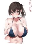  1girl bare_shoulders bikini black_bikini blush breasts brown_eyes brown_hair cleavage collarbone highres kaga_(kancolle) kantai_collection large_breasts looking_at_viewer navel side_ponytail solo sweatdrop swimsuit tf_cafe twitter_username upper_body white_background 