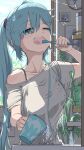  1girl :o bare_shoulders bathroom blue_eyes blue_hair blush breasts brushing_teeth collarbone cup day faucet hair_between_eyes hair_tie half-closed_eye hatsune_miku highres holding holding_cup indoors large_breasts long_hair off_shoulder one_eye_closed open_mouth shirt short_sleeves sidelocks sink solo teeth twintails upper_body upper_teeth_only vocaloid water white_shirt yukichi_(yu-ame) 