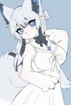 3_toes anthro black_body black_claws black_fur blue_body blue_eyes blue_fur canid canine canis claws clothing dndnkm dress feet female fluffy fluffy_tail fur hi_res kemono looking_at_viewer mammal slim_anthro solo tail toes white_body white_clothing white_dress white_fur wolf
