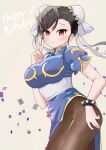  1girl black_hair bracelet breasts brown_eyes brown_hair bun_cover china_dress chinese_clothes chun-li confetti cowboy_shot double_bun dress earrings genjimarup gradient_background hair_bun happy_birthday highres jewelry large_breasts pantyhose pelvic_curtain sash short_hair solo spiked_bracelet spikes street_fighter street_fighter_ii_(series) thighs v yellow_background 