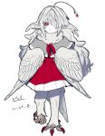  1girl @_@ bachikin_(kingyo155) bird_legs bird_tail capelet commentary_request feathered_wings feathers full_body grey_capelet hair_over_one_eye harpy head_wings highres long_hair monster_girl neck_fur original pleated_skirt red_eyes red_nails red_skirt simple_background skirt solo tail talons white_background white_feathers white_hair white_wings winged_arms wings 