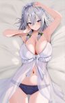  1girl 258n absurdres alternate_costume arm_up armpits bed_sheet blue_eyes blue_panties bow braided_sidelock breasts cleavage closed_mouth commentary cowboy_shot crossed_bangs green_bow grey_hair hair_between_eyes hair_bow hand_up highres izayoi_sakuya large_breasts looking_at_viewer maid_headdress navel nightgown on_bed panties short_hair sidelocks solo stomach touhou underwear white_headdress 