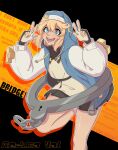  1girl absurdres androgyne_symbol blonde_hair blue_eyes blush bridget_(guilty_gear) double_v fingerless_gloves gloves guilty_gear guilty_gear_strive highres hood hoodie long_sleeves looking_at_viewer open_mouth redica_val simple_background smile solo v 