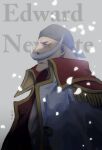  1boy bandana character_name chinese_commentary collared_coat commentary_request edward_newgate epaulettes facial_hair falling_petals fish191101756 grey_background highres looking_ahead male_focus mustache one_piece petals simple_background smile solo 
