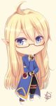  androgynous antenna_hair big_head blonde_hair blue_cloak blue_eyes brown-framed_eyewear character_request chibi closed_mouth elf full_body glasses gold_trim grand_chase hair_between_eyes hand_on_own_chin hand_on_own_elbow long_hair long_sleeves looking_at_viewer nendoroid pointy_ears semi-rimless_eyewear signature smile solo standing tsuyuri_(5/7) under-rim_eyewear watermark 