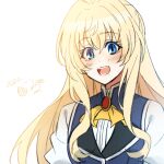  1girl :d alternate_costume ascot blonde_hair blue_eyes blush gem goblin_slayer! hair_between_eyes kankitukou priestess_(goblin_slayer!) shirt simple_background smile solo teeth white_background white_shirt yellow_ascot 