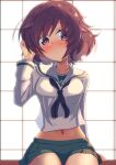  1girl akiyama_yukari backlighting black_neckerchief blouse blush brown_eyes brown_hair closed_mouth commentary girls_und_panzer hand_in_own_hair highres jinguu_(4839ms) long_sleeves looking_at_viewer messy_hair midriff miniskirt navel neckerchief ooarai_school_uniform pleated_skirt sailor_collar school_uniform serafuku shirt short_hair shouji sitting skirt sliding_doors smile solo white_sailor_collar white_shirt 