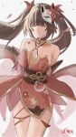  1girl absurdres arms_at_sides bare_shoulders bell black_choker bow brown_hair choker closed_eyes closed_mouth cowboy_shot criss-cross_halter dress facing_viewer falling_petals floating_hair fox_mask hair_bow halterneck highres honkai:_star_rail honkai_(series) legs_together long_bangs long_hair mask mask_on_head neck_bell o-ring petals red_bow red_dress short_dress sidelocks simple_background sleeveless sleeveless_dress smile sodacola solo sparkle_(honkai:_star_rail) thighs twintails twitter_username white_background 