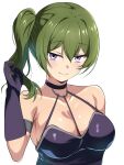  1girl arm_strap armlet bare_shoulders black_dress black_gloves blush borgbutler breasts choker cleavage collarbone commentary_request dress gloves green_hair hair_between_eyes highres looking_at_viewer medium_breasts o-ring o-ring_choker purple_eyes side_ponytail simple_background single_glove smile solo sousou_no_frieren ubel_(sousou_no_frieren) upper_body white_background 