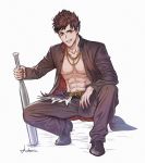  abs artist_name baseball_bat belial_(granblue_fantasy) belt black_footwear black_hair black_jacket black_pants cang_fade chest collarbone granblue_fantasy highres jacket jewelry male_focus muscle navel necklace pants red_eyes shirtless simple_background squatting white_background 
