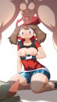  1boy 1girl absurdres bandana bike_shorts black_undershirt blue_eyes blush breasts breasts_out brown_hair cum cum_on_body cum_on_breasts gloves hetero highres large_breasts may_(pokemon) nipples oni-sanart open_mouth penis pokemon red_bandana red_shirt seiza shirt short_hair_with_long_locks sidelocks sitting surprised testicles thighs uncensored view_between_legs 