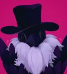  black_feathers black_headwear feathers fur_scarf hat lobotomy_corporation masyu_ori motion_lines no_humans outstretched_arms pink_background plague_doctor_(project_moon) plague_doctor_mask project_moon reaching reaching_towards_viewer scarf simple_background straight-on top_hat upper_body white_scarf 