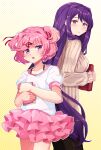  2girls blush bra_strap brown_sweater chiimako closed_mouth collarbone commentary_request doki_doki_literature_club eyelashes food hair_between_eyes hair_intakes hair_ornament hair_ribbon hairclip highres holding long_hair long_sleeves multiple_girls natsuki_(doki_doki_literature_club) pink_eyes pink_hair polka_dot polka_dot_background purple_eyes purple_hair red_ribbon ribbed_sweater ribbon shirt short_hair short_sleeves sidelocks simple_background smile sweater swept_bangs t-shirt tongue tongue_out triple_wielding turtleneck turtleneck_sweater two_side_up upper_body white_shirt x_hair_ornament yuri_(doki_doki_literature_club) 