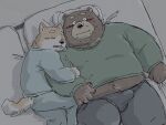anthro bear bedroom blush bulge canid canine canis clothing domestic_dog duo erection hi_res high-angle_view lying male male/male mammal on_back overweight overweight_male pajamas pommn_mn shiba_inu sleeping spitz tail tenting