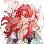  1boy argenti_(honkai:_star_rail) armor flower gauntlets green_eyes hair_between_eyes holding holding_flower honkai:_star_rail honkai_(series) lizhilv long_hair looking_at_viewer male_focus red_flower red_hair red_rose rose shoulder_armor solo 