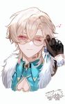  1boy adjusting_eyewear aventurine_(honkai:_star_rail) black_gloves blonde_hair blue_shirt closed_mouth collared_shirt crossed_bangs disembodied_limb feather_boa finger_on_eyewear glint gloves hair_between_eyes hanliiii highres honkai:_star_rail honkai_(series) looking_at_viewer male_focus one_eye_closed purple_eyes shirt short_hair sidelocks simple_background smile solo sunglasses watch white_background wristwatch yellow-framed_eyewear 