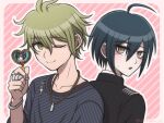  2boys :o ahoge amami_rantaro antenna_hair black_hair border brown_eyes collarbone danganronpa_(series) danganronpa_v3:_killing_harmony green_hair hand_up holding holding_key jewelry key male_focus multiple_boys necklace outline ring saihara_shuichi shirt short_hair striped_background striped_clothes striped_shirt suiren_yurei white_border white_outline 