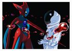  absurdres black_background black_eyes blood blood_drop border colored_skin commentary_request deoxys deoxys_(attack) from_side helmet highres looking_at_another pokemon pokemon_(creature) saiku_(zvlku) space_helmet spacesuit stab white_border white_skin 