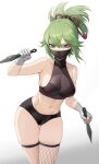  1girl absurdres arm_up ass_visible_through_thighs bandages bare_shoulders breasts cameltoe cbmus clothing_cutout fishnet_thighhighs fishnet_top fishnets genshin_impact green_hair hair_ornament halterneck highres holding holding_weapon kuki_shinobu kunai mask midriff mouth_mask navel ninja purple_eyes see-through shuriken simple_background single_fishnet_legwear skindentation sleeveless solo thick_thighs thigh_gap thigh_strap thighhighs thighs weapon white_background 