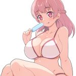  1girl :p arm_at_side bare_arms bare_shoulders bikini braid breasts character_request cleavage closed_mouth collarbone copyright_request food half_updo hand_up highres holding holding_food holding_popsicle large_breasts light_blush long_hair pink_eyes pink_hair popsicle shirogane_hakuba simple_background smile solo swimsuit tongue tongue_out white_background white_bikini 