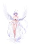  1girl absurdres ahoge angel bare_shoulders bikini breasts cleavage detached_sleeves dora_(garyeong) feathered_wings full_body hair_between_eyes hair_intakes halo high_heels highres holding holding_towel large_breasts legs_together long_hair looking_at_viewer low_ponytail navel open_mouth original purple_eyes red_lips short_sleeves sidelocks simple_background solo stomach swimsuit teeth thick_thighs thigh_gap thighs towel white_background white_bikini white_footwear white_hair white_sleeves white_towel white_wings wings 