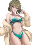  1girl bare_shoulders bikini blue_eyes breasts brown_coat cleavage coat collarbone frilled_bikini frills green_bikini green_eyes green_hair groin hair_bun heterochromia highres idolmaster idolmaster_cinderella_girls medium_breasts mole mole_under_eye navel nyome991 open_mouth short_hair single_hair_bun smile solo swimsuit takagaki_kaede thighs 