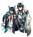  1boy arknights bare_shoulders black_hair dan_heng_(honkai:_star_rail) dragon_girl dragon_horns dusk_(arknights) earrings gloves grape_(pixiv27523889) hair_between_eyes honkai:_star_rail honkai_(series) horns jacket jewelry long_hair long_sleeves looking_at_viewer necktie pointy_ears shirt short_hair simple_background sleeveless tagme very_long_hair white_shirt 