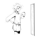 anthro bottomwear bovid caprine clothed clothing crossdressing fur goat hair hi_res horn male mammal milo_(twang) mirror monochrome oversized_clothing oversized_sweater oversized_topwear shirt short_tail simple_background skirt solo sweater tail topwear twang white_background