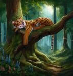ambiguous_gender felid feline feral flower forest hornyfoxjade mammal pantherine paws plant sleeping solo stripes tiger tree