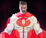  1boy bodysuit frown invincible_(series) large_pectorals liyamou looking_at_viewer male_focus multicolored_hair muscular muscular_male old old_man omni-man pectorals red_bodysuit serious short_hair solo space straight-on thick_mustache two-tone_bodysuit two-tone_hair upper_body white_bodysuit wrinkled_skin 