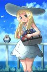  1girl bag bare_shoulders blonde_hair blue_sky braid cosmog dress green_eyes hat highres lillie_(pokemon) long_hair looking_at_viewer okura_zatta open_mouth outdoors pidove pokemon pokemon_(creature) pokemon_sm shoulder_bag sky sleeveless sleeveless_dress twin_braids white_dress white_headwear 