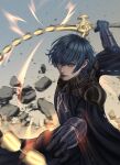  1boy armor black_armor black_cape black_gloves blue_hair byleth_(fire_emblem) byleth_(male)_(fire_emblem) cape closed_mouth commentary english_commentary fire_emblem fire_emblem:_three_houses gauntlets gloves hair_between_eyes highres holding holding_sword holding_weapon lips looking_at_viewer male_focus short_hair shoulder_armor solo sword sword_of_the_creator weapon wrainbow13 