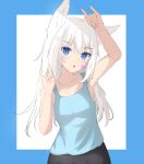  1girl absurdres ahoge animal_ear_fluff armpits bandaid bandaid_on_cheek bandaid_on_face bare_arms bare_shoulders black_pants blue_background blue_tank_top breasts collarbone commentary_request double_fox_shadow_puppet fox_girl fox_shadow_puppet hair_between_eyes highres kuronagi_(mitora_uwu) long_hair looking_at_viewer original pants parted_lips small_breasts solo tank_top two-tone_background very_long_hair white_background white_hair 