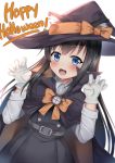  animal_ear_fluff animal_ears asashio_(kantai_collection) bangs black_dress black_hair black_hat blue_eyes blush bow brown_cape cat_ears claw_pose collared_shirt commentary_request dress dress_shirt dutch_angle ears_through_headwear eyebrows_visible_through_hair fake_animal_ears fang gloves hair_between_eyes halloween halloween_costume hands_up happy_halloween hat hat_bow highres kantai_collection long_hair long_sleeves looking_at_viewer open_mouth orange_bow pinafore_dress puririn remodel_(kantai_collection) school_uniform shirt simple_background solo very_long_hair white_background white_gloves white_shirt witch witch_hat 