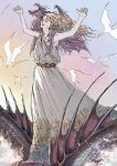  1girl ajitsuke_nori animal_on_shoulder bare_arms bare_shoulders barefoot blonde_hair day dragon dress facing_ahead floating_hair flock flying gradient_sky hands_up highres open_mouth original riding sky sleeveless sleeveless_dress standing wavy_hair western_dragon wind 