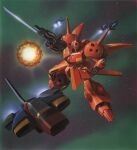  1980s_(style) battle bayonet beam_rifle box_art cable earth_federation energy_gun explosion gundam gundam_zz machinery masuo_ryukoh mecha milky_way mobile_suit nebula neo_zeon no_humans official_art one-eyed painting_(medium) r-jarja retro_artstyle robot scan science_fiction space spacecraft star_(sky) starfighter starry_background sword thrusters traditional_media weapon 