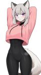  1girl abs animal_ear_fluff animal_ears animal_nose arms_up blush colored_skin eyelashes grey_hair grey_skin highres jeifier_(korfiorano01) looking_at_viewer navel open_mouth original pink_hood pink_shirt purple_eyes shirt simple_background snout solo tail teeth thighs upper_teeth_only 