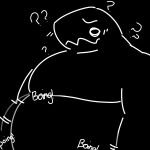 1:1 anthro belly belly_bounce big_belly black_and_white black_background black_body blush boing confusion digital_media_(artwork) dinosaur dinosaur_(google_chrome) eyebrows google google_chrome hi_res male monochrome onlyygaru overweight overweight_anthro overweight_male question_mark reptile scalie simple_background solo standing three-quarter_view white_line_art