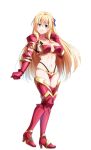  1girl alternate_costume armor armored_boots bikini_armor blonde_hair blue_eyes boots gauntlets goblin_slayer! grin kankitukou long_hair navel priestess_(goblin_slayer!) red_armor red_footwear shoulder_plates simple_background smile solo stomach teeth thigh_boots white_background 