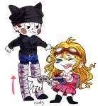  1boy 1girl animal_ear_headwear animal_ears antenna_hair arrow_(symbol) artist_name backpack bag beanie belt belt_buckle black_belt black_eyes black_footwear black_headwear black_jacket black_sleeves blonde_hair blue_eyes blue_jumpsuit blush_stickers breasts brown-framed_eyewear brown_hair buckle cat_ears chibi cigarette closed_mouth collared_jacket collared_shirt commentary controller danganronpa_(series) danganronpa_v3:_killing_harmony english_commentary eyelashes fake_animal_ears full_body goggles goggles_on_head grey_bag half-closed_eyes hat highres holding holding_cigarette holding_remote_control hoshi_ryoma iruma_miu jacket jumpsuit leather leather_jacket loiodg long_hair long_sleeves looking_at_another mechanical_arms mechanical_legs messy_hair miniskirt no_mouth one_eye_closed open_mouth pink_serafuku pink_skirt pink_sleeves pleated_skirt prison_clothes remote_control round_eyewear sailor_collar saliva school_uniform serafuku shirt short_hair simple_background single_mechanical_arm skirt skirt_set smile sweat teeth upper_teeth_only very_long_hair wavy_mouth white_background white_sailor_collar 