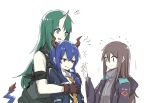  3girls angry arknights black_jacket blue_hair brown_hair ch&#039;en_(arknights) collared_shirt commentary_request doctor_(arknights) dragon_girl dragon_horns dragon_tail female_doctor_(arknights) gloves green_eyes green_hair grey_shirt hands_up horns hoshiguma_(arknights) hug hug_from_behind jacket long_hair multiple_girls necktie nejikyuu open_mouth red_eyes restrained shaking shirt short_hair simple_background single_horn smile tail white_background white_shirt yellow_necktie 