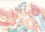  1boy 1girl ^_^ bikini bikini_top_only closed_eyes cola commentary_request cyborg denim floral_print franky_(one_piece) highres hug jeans long_hair nami_(one_piece) one_piece orange_hair pants pompadour sideburns smile swimsuit yachiy0 
